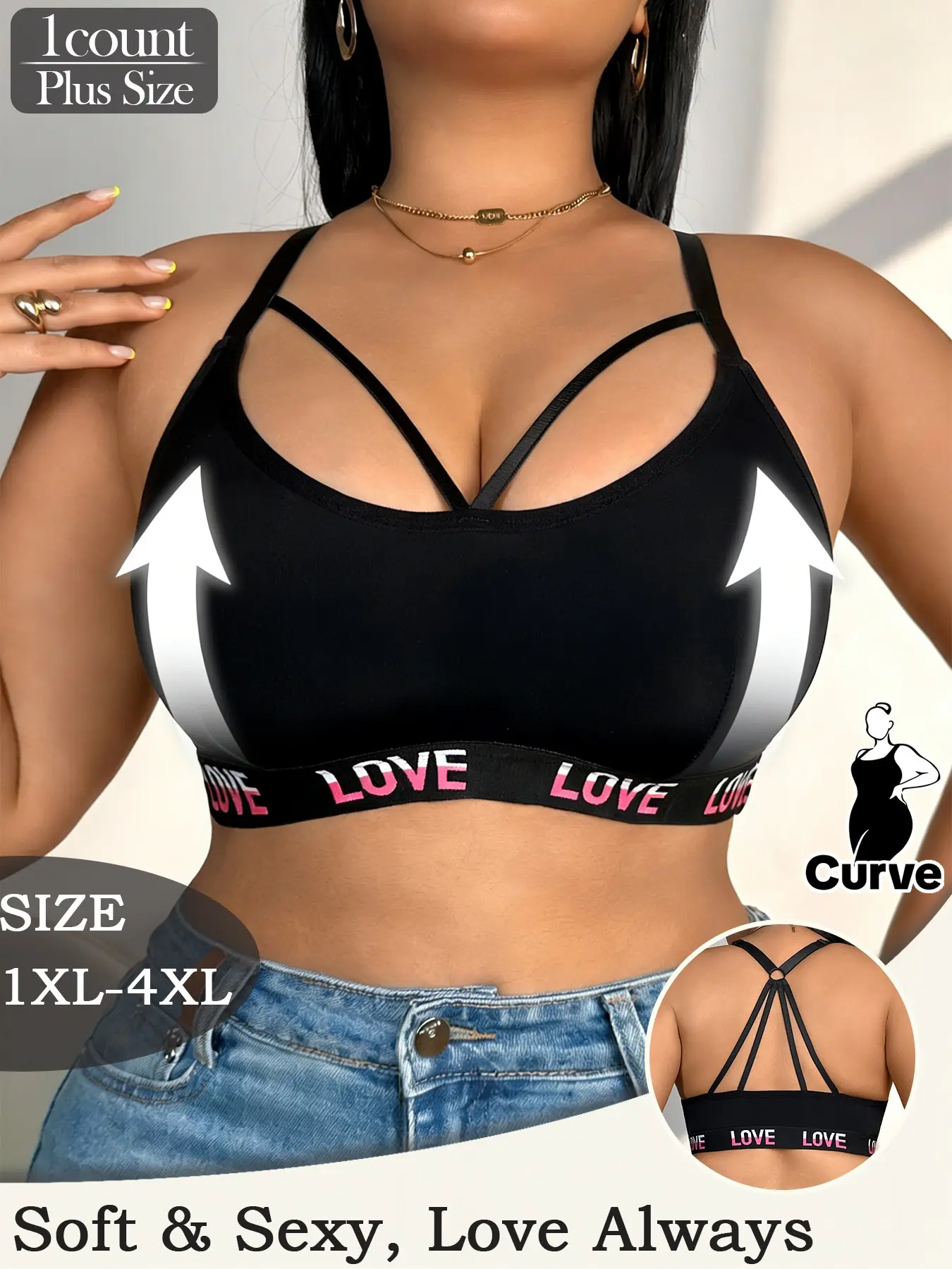 Plus Size Wireless Criss Cross Bra, Sexy Backless Love Comfortable Innerwear, Adjustable Straps, Ideal for Daily Wear, Yoga, and Exercise, Wireless Sports Bras, Strappy Sports Bras, Workout Bra