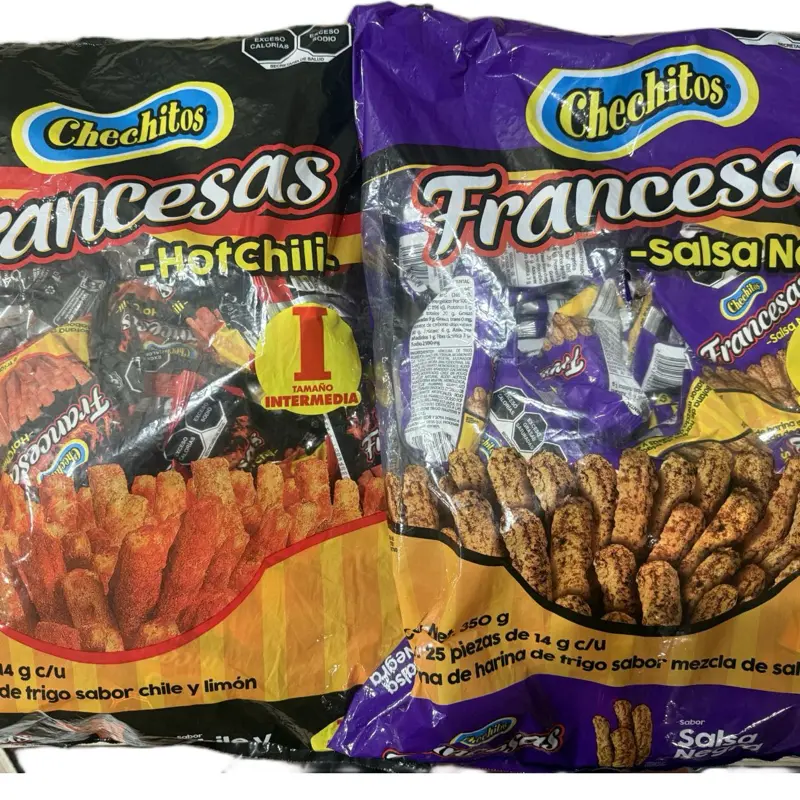 Kikys Chechitos Botaneros . Individual bags. Each bag comes with 25 individual bags. Choose from Francesas Salsa Negra o  Hot Chili .  350 grams