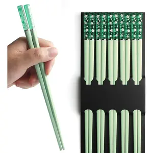 Chopsticks Reusable Dishwasher Safe, 5 Pairs 9.56 Inches Lightweight Fiberglass Chopstick, Japanese Chinese Sakura Chopstick, Non-slip Chop Sticks, Green