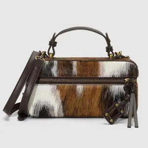 URBAN REVIVO Women's Vintage Cow Print Calf Hair Box Bag, Western Style Mini Crossbody Purse with Leather Trim, Retro Top Handle Shoulder Bag UAWB50240