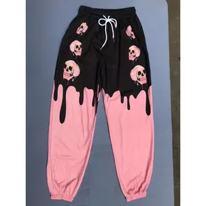 Casual elastic-waist sports pants with a skull pattern, ideal for Halloween wear; suitable for jogging and running exercises; women’s sports and leisure wear.