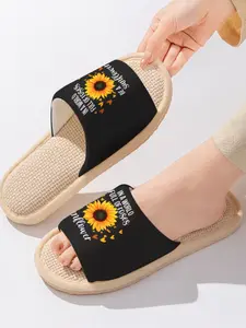 Sunflower + "In a world full of roses, be a sunflower" Motivational Slogan | Warm & Uplifting 1 Pair Linen Breathable Non-Slip Sweat-Absorbent Casual Home Slippers For Positive Vibes Lovers/Sunflower Fans/Girly Women (Spring Summer/Lounging/Girl's Gifts)