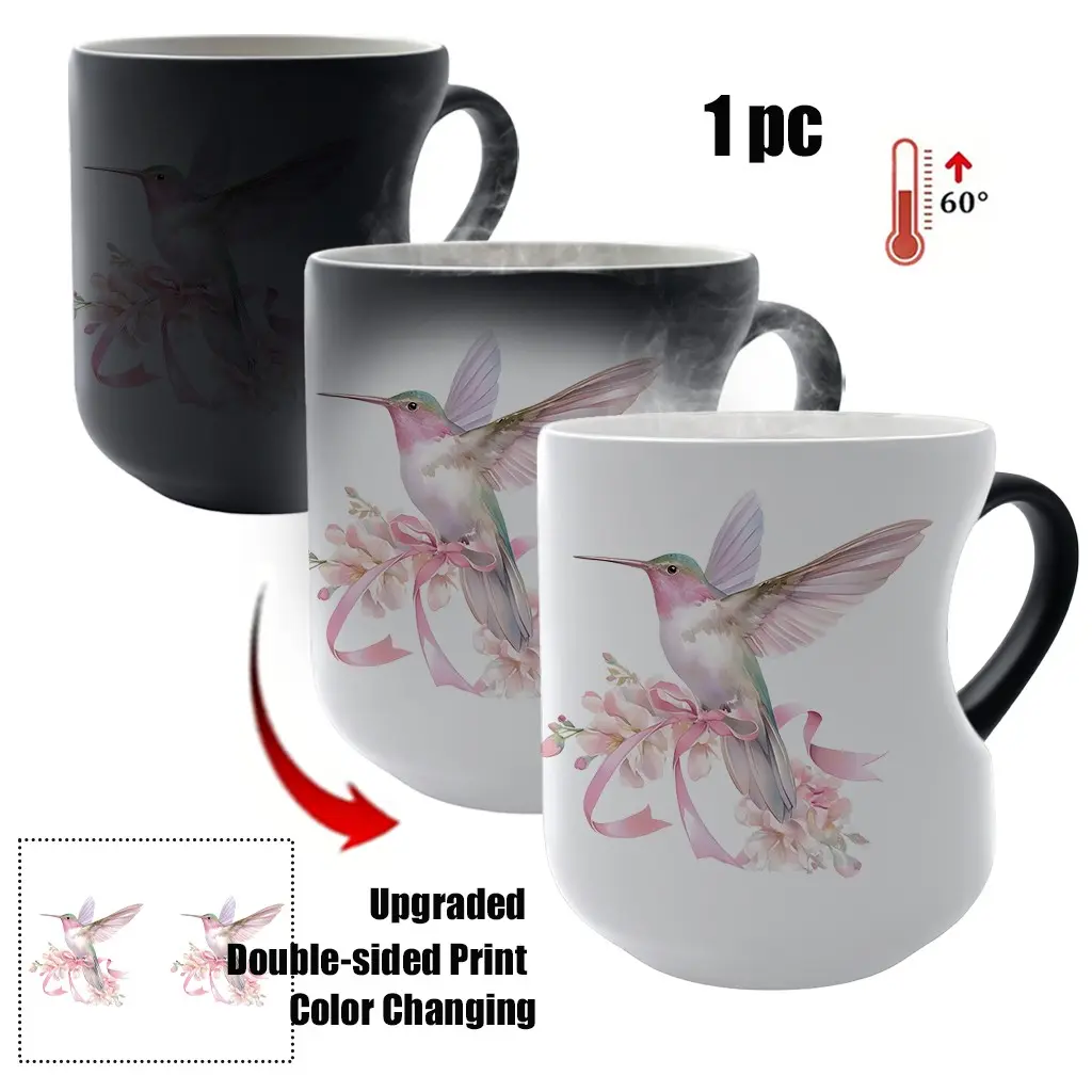 Thermosensitive Ceramic Mug Cat & Birds Design, Color-Changing 11oz Mug with Heart-Shaped Handle, Unique Gift for Coffee Lovers, Drinkware, Ceramic Cup