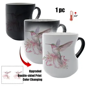 Thermosensitive Ceramic Mug Cat & Birds Design, Color-Changing 11oz Mug with Heart-Shaped Handle, Unique Gift for Coffee Lovers, Drinkware, Ceramic Cup
