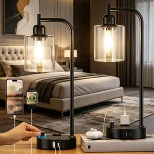 2-Piece Industrial-Style Bedroom Table Lamp Set – Fully dimmable bedside lighting fixtures equipped with USB-A, USB-C and AC power outlets. Featuring sleek black finishes and glass lampshades, these nightstand lamps are suitable for living room decor