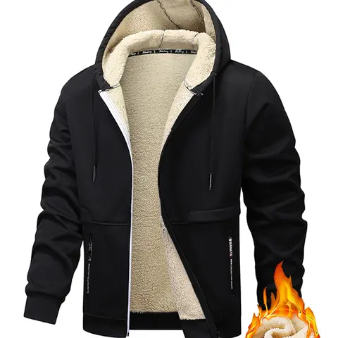 Men's Thermal Fleece-Lined Thick Long-Sleeve Coat - Menswear Tops, Windproof, Cold-Proof, Solid-Color, Hooded, Casual Versatile Outdoor Sports Design