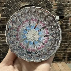 Artisan Porcelain Plate - Silver Glaze with Peacock Feather & Floral Design