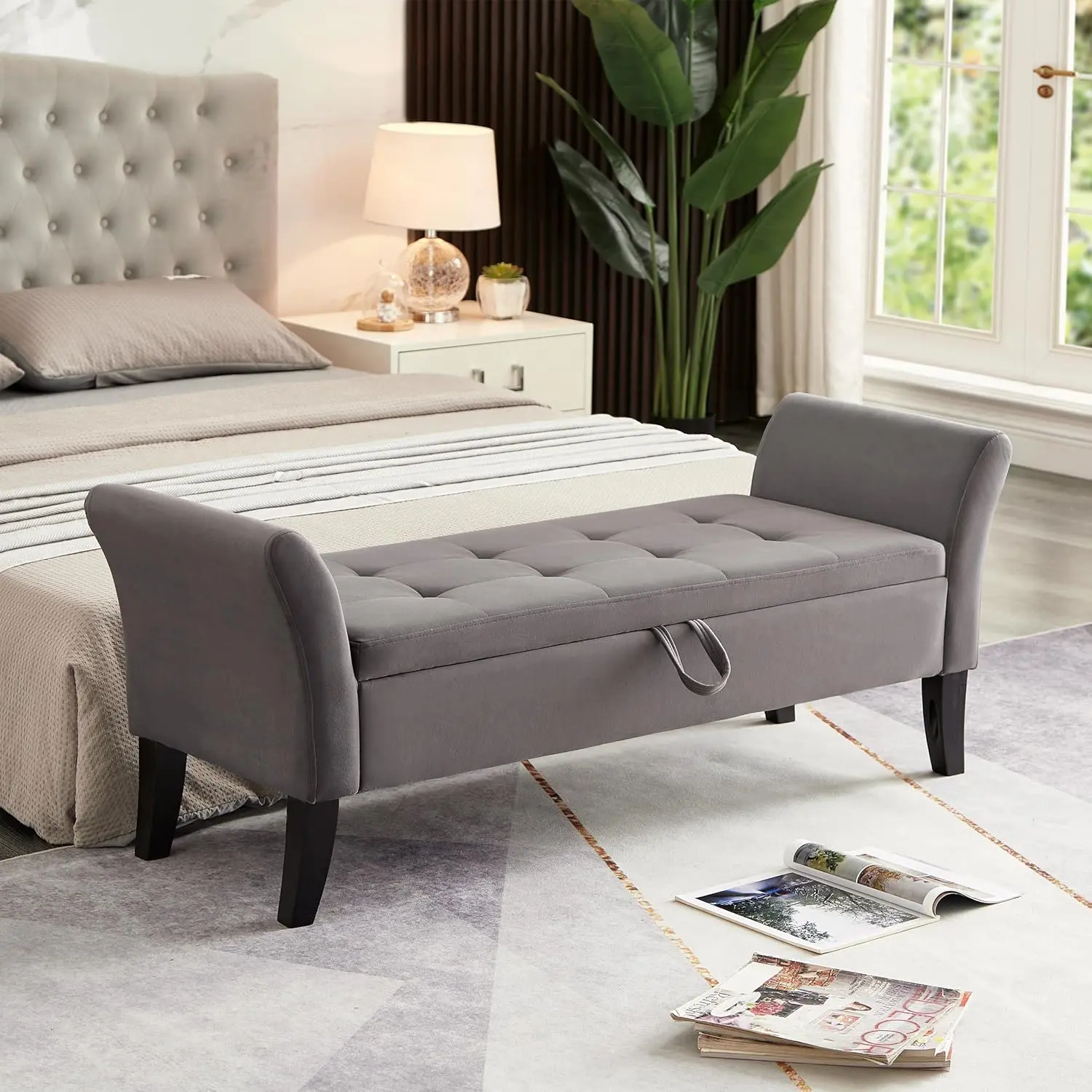51” Bedroom Bench, End of Bed Bench with Button-Tufted Large Upholstered Storage Bench Ottoman Velvet Window Bench with Storage Shoe Cabinet Bench, for Bedroom, Entryway, Closet, Grey