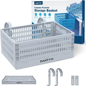 Poolside Storage Basket, Foldable Above Ground Pool Storage Basket for Pool Toys, Towels, Beverages, Poolside Organizer, Pool Accessories for Above Ground Swimming Pool, Grey Adjustable Hollow