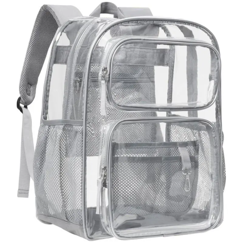 17 Inch Heavy Duty Clear PVC Backpack With Reinforced Stitching, Multi Pocket Transparent See Through Bookbag, Water Resistant Large Capacity School Backpack Fits 16 Inch Laptop For Students Stadium Travel Security Check