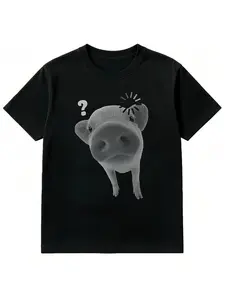 Summer Funny Question Mark Pig Retro Polka Dot Print Short Sleeve T-Shirt, Animal Lover Cute Style, Adult Casual Streetwear