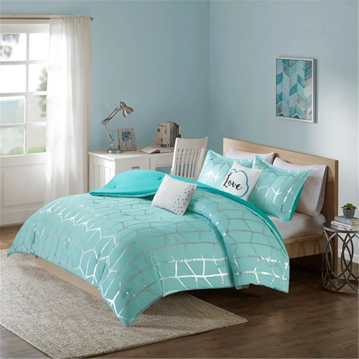 Intelligent Design ID10-1241 Raina Comforter Set - Aqua, Full & Queen Size, Bedroom Bedding Set, Decorative Bedding Set