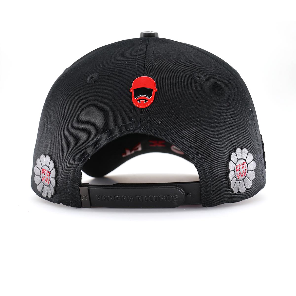 Trendy Black Hat with Sparkling Red Text & Flower Appliqués, Adjustable Hip Hop Style
