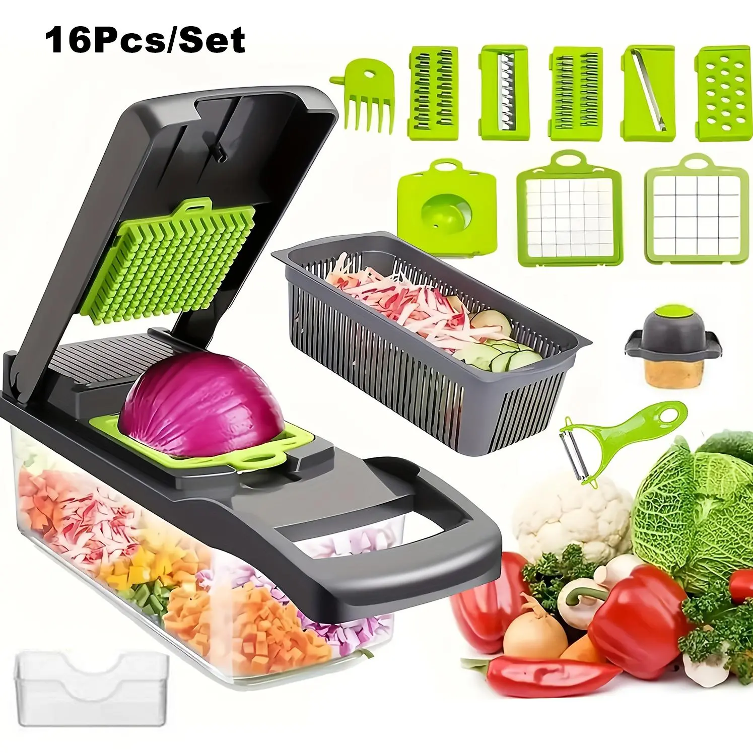 Multifunctional Vegetable Chopper, 16pcs/set Vegetable Cutter with Container, Vegetable Slicer, Fruit & Vegetable Utensils for Home Kitchen, Vegetable Slicer Dicer