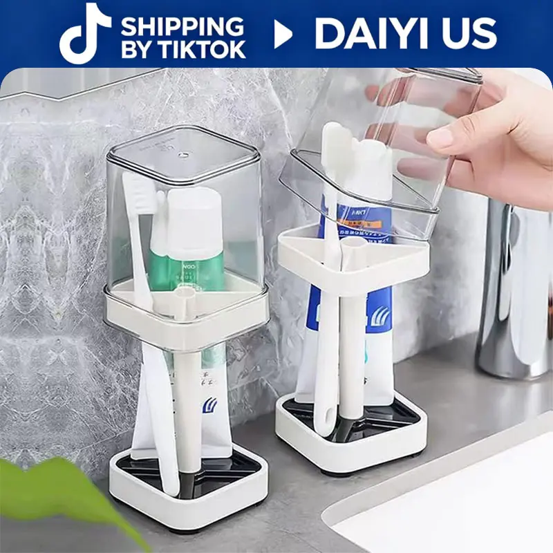 Toothbrush Holder with Cup/Cover Contains 3 Slots, Compatible with Conventional Toothbrushes, Can Store Toothpaste