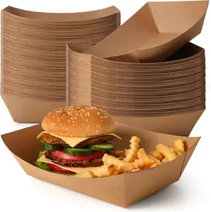 [125 Pack 5 lb Paper  Trays Heavy Duty Disposable  Boat,  Brown Nacho Tray for Parties Fairs Picnics Carnivals, Holds Hamburger Snack Fries  Resistant