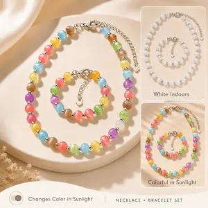 2PCS UV Reactive Color Changing Necklace and Bracelet Set, Sunlight Sensitive Rainbow Beaded Jewelry, Waterproof Tarnish-Free Summer Beach Accessories for Women