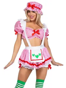 Strawberry Shortcake-Inspired Costume Crop Plaid Top with Bow Accents Short Skirt Integrated Bloomers Bonnet Hat for Halloween