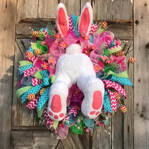 Easter Bunny Wreath with Plush Tail, Spring Door Wall Decoration, Colorful Rabbit Ear Wreath for Home, Easter Party Decor & Gifts, Home Decor Ornament
