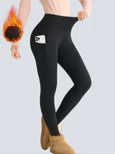 1PC Women's Winter High Waist Fleece Lined Leggings, Tummy Control Pocket Outdoor Sports Warm Pants,  Solid Tight Fit Yoga Pants with Pockets