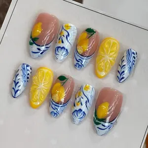 Lemon Tile Press On Nails – Blue Floral & Citrus Design, Mediterranean-Inspired Handmade Nail Set, Reusable Summer Gift for Her