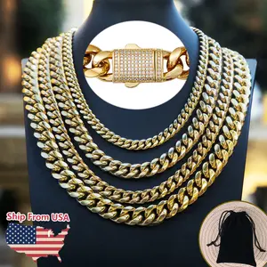 Miami Cuban Link Chain 18K REAL Gold Plated Stainless Steel Bracelet Necklace Hip Hop Jewelry for Men Women Birthday Gift(Double-sided Iced Out Clasp)