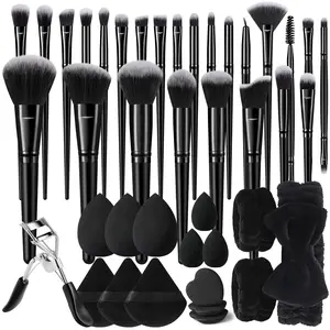 41pcs Makeup Brush Set | 25 Brushes (Powder/Blush/Highlight/Eyeshadow/Eyeliner/Contour) + 3 Sponges + 3 Mini Sponges + 3 Finger Foundation Puffs + 3 Triangle Loose Powder Puffs + 2 Cleansing Wristbands + 1 Headband