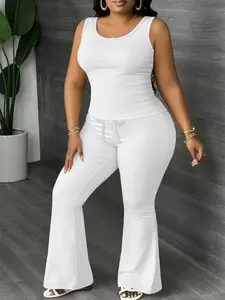 Women's Plus Size Plain Two-Piece Set Vest & Slight Flare Pants, Comfortable Casual Draped Silk-Like Suit for Light Social Occasions