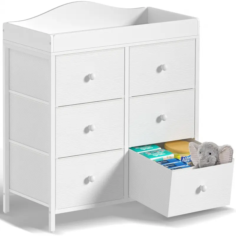 Modern Changing Table with Removable Topper, Nursery Chest of Drawers with 6 Fabric Bins for Baby Storage