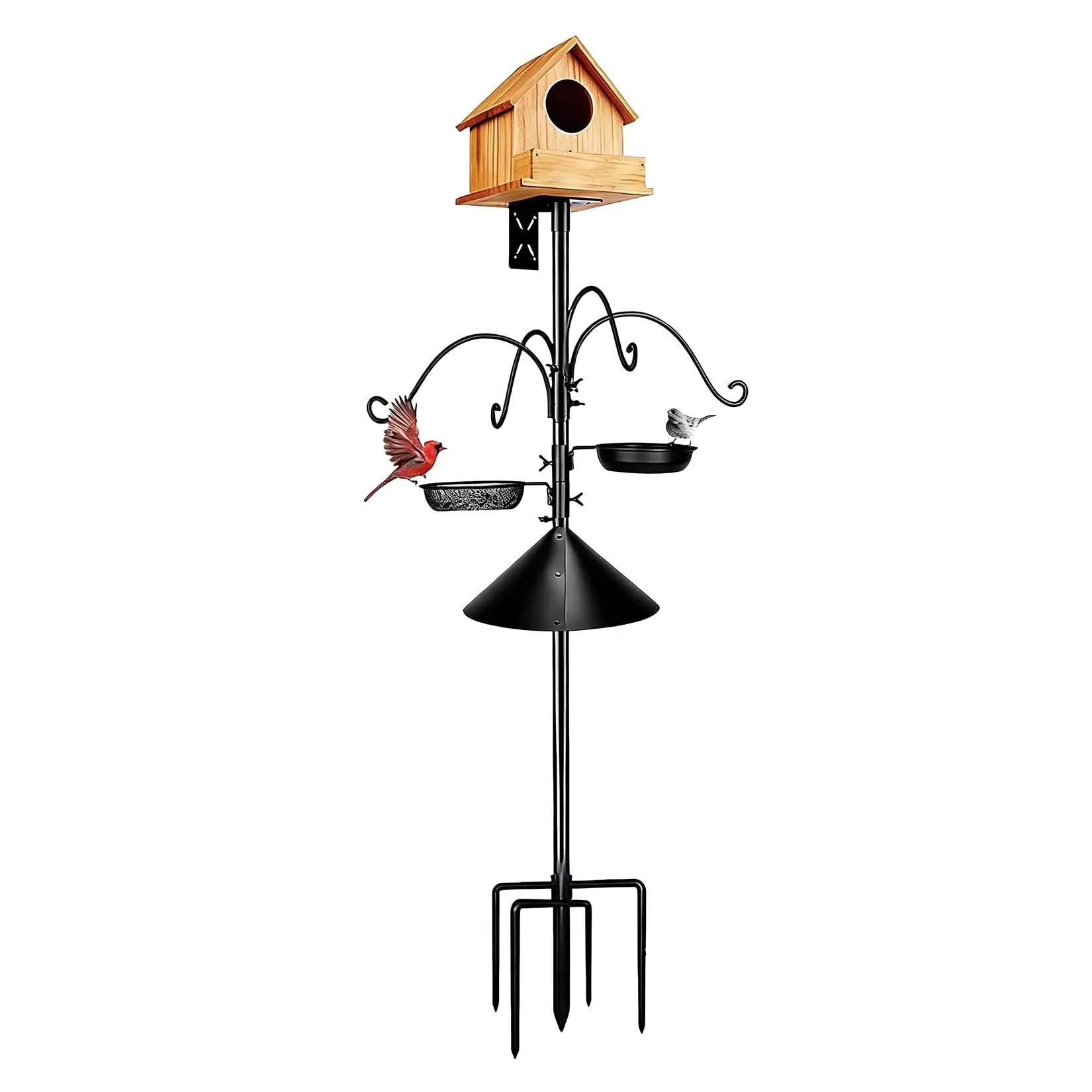 GAOMON Iron Metal 4-Hook Birdhouse Stand & Anti Squirrel Garden Bird Feeder Pole, 92in Height, 25mm Diameter, Reinforced Ground Base, Height-Adjustable, Detachable Parts (Tray & Bird Bath), Anti Squirrel Bird Feeder, Height Adjust
