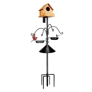 4-Hook Black Metal Birdhouse Stand, Outdoor Bird Feeder Pole, 92inch Height, 25mm Diameter, Upgraded Reinforced Ground Base, Squirrel Proof, Height Adjustable, Detachable Tray & Bird Bath