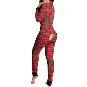 Women'S Sleeping Romper, Christmas Pajamas, Long Sleeve V-Neck Printed Loose Detachable Crotch Elastic Black Cotton Loungewear