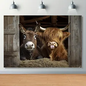 1pc 2D Flat Photography Banner - Rustic Vintage Wooden Fabric Decoration with Animal Motifs (West Highland Cow, Barn Door, Donkey, Goat, Cattle) - Non-Electric Multi-Use Backdrop for Indoor Celebrations, Garden Events