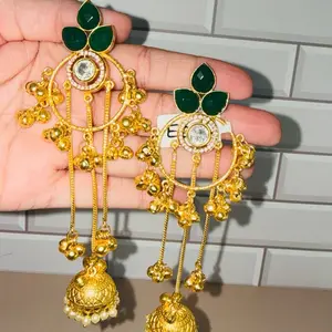 Kashmiri Earrings with Green Gemstone and Gold Tassel Design for Festive Wear