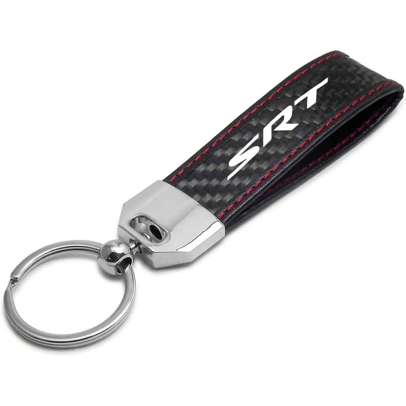 Dodge SRT Logo Real Black Carbon Fiber Loop Strap Key Chain - 4" x 1" Metal Split Ring, UV-Resistant, Casual Elegant Simple Car Key Accessory with Red Stitching