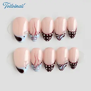 Light Pink Color Block, 10 PCS Short Almond Pure Handmade Press On Nails, Pink Brown Hand-painted Patterns Mature Press On Nails, Translucent Glossy Base, Polka Dot Small Diamond Decoration, Date Commuting Nail Set, Nail Art