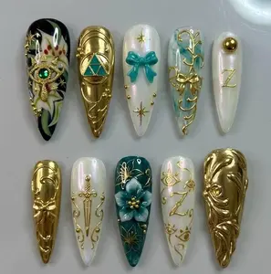 Handmade Press On Nails Golden Fantasy Legend Aesthetic 3D Royal Sword Teal Floral