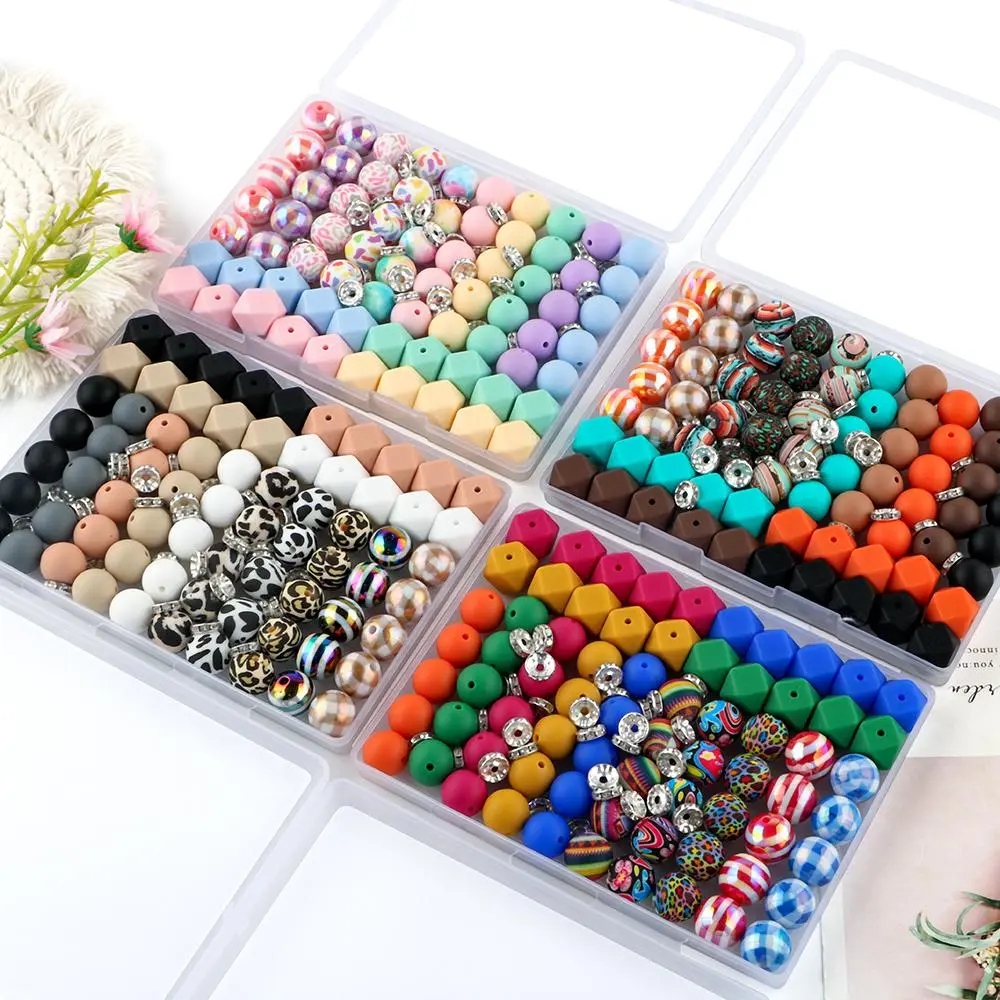 Mixed Color Beads & Bead Accessories, 100pcs/box Silicone Beads & Acrylic Beads, Durable Beads, Bead Assortment, Bead Set, DIY Craft Supplies for Keychain Pendant, Jewelry, Beading Making, Beaded Set
