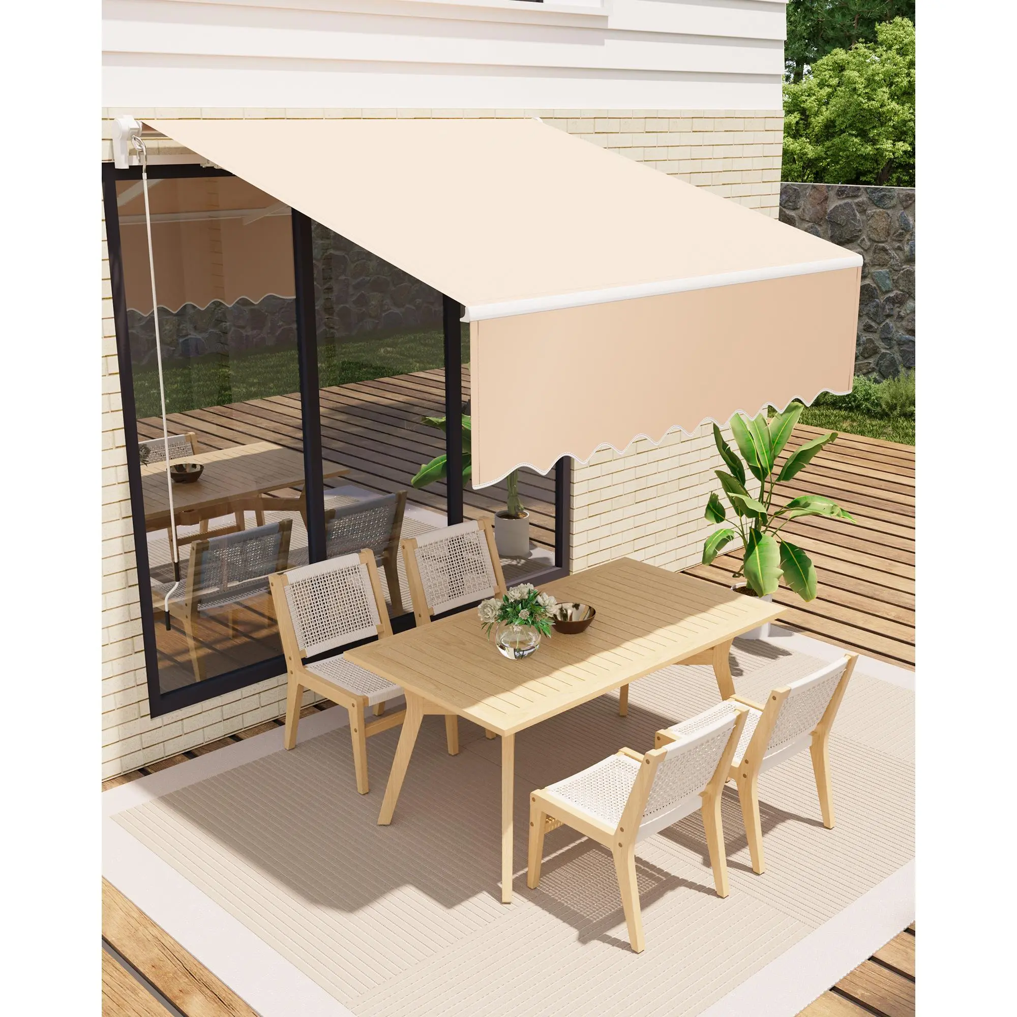10x8ft Retractable Patio Awning, Manual Sunshade Shelter with Long Crank Handle, Heavy-Duty Aluminum Frame & Double Steel Wire Arms for Deck, Courtyard, Garden