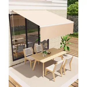 10x8ft Retractable Patio Awning, Manual Sunshade Shelter with Long Crank Handle, Heavy-Duty Aluminum Frame & Double Steel Wire Arms for Deck, Courtyard, Garden