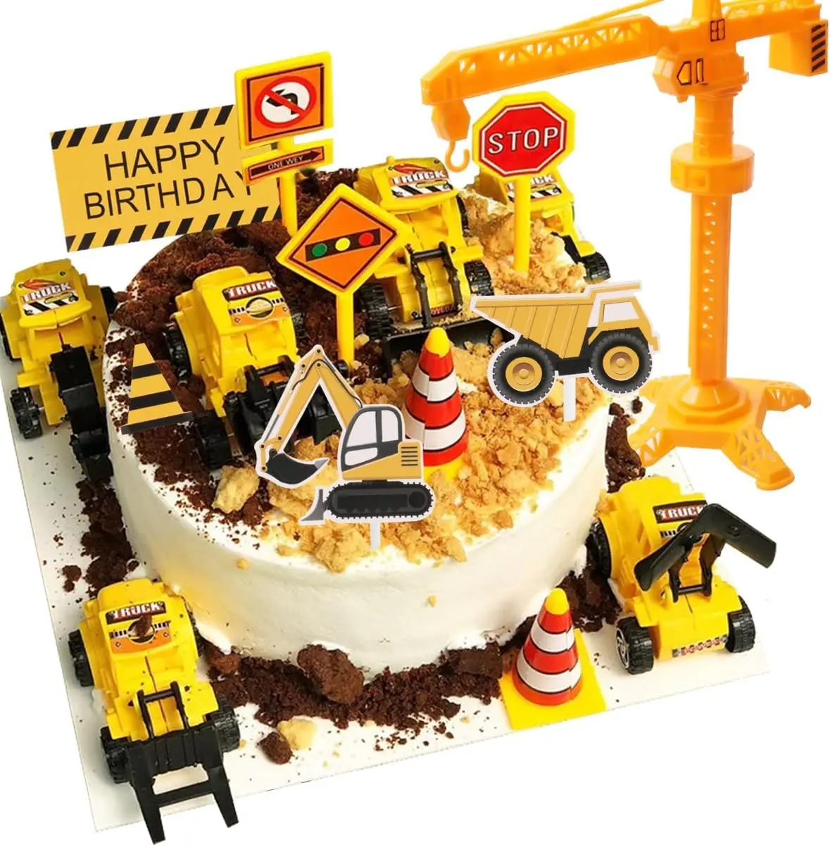 Construction Cake Topper, 18 PCS Construction Cake Decorations Set Excavator Tower Crane Cupcake Topper Traffic and Road Sign Decor Happy Birthday Party Supplies
