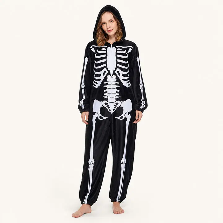 Soft Black Skeleton Fleece Kigurumi Onesie, Sleepwear & Loungewear