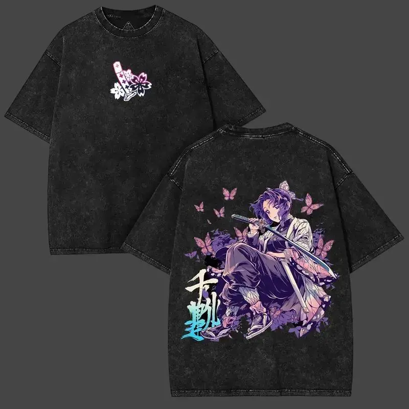 Men's Casual Distressed Vintage Washed Oversized Round Neck Lightweight Cotton Short-Sleeve Demon Slayer x Shinobu Kocho Top, Unisex Manga Streetwear with Butterfly Swarm Back Graphic, 2025 Drop for Otaku Fans