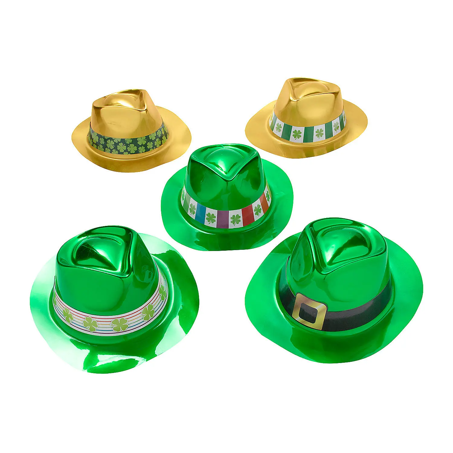 Unisex Plastic Fedora Hats, 50-Pcs Assortment - Shamrock Bright Green Patch, Metallic Gold St. Patrick's Party Hat, Rainbow Stripe Photo Booth Prop for Fundraising