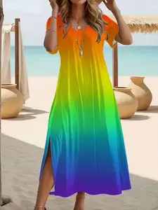 【Plus Size】 All Over Ethnic Pattern V Neck Dress, Plus Boho Short Sleeve Long Dress for Beach Holiday Vacation, Women's Plus Clothes for Summer