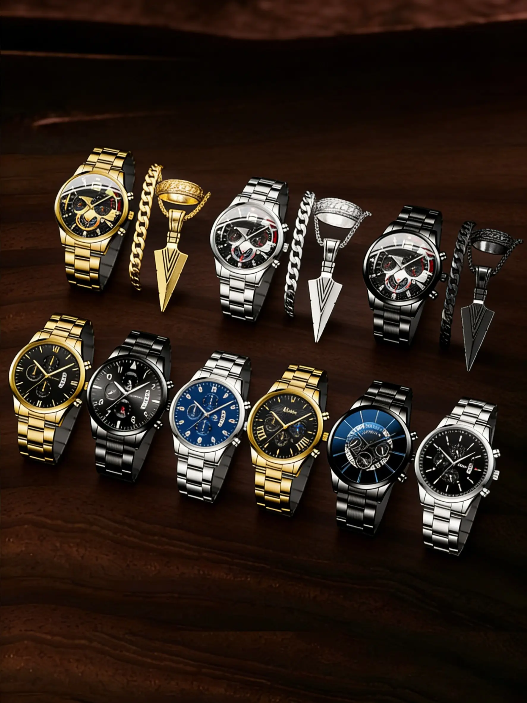 Men's Business Exquisite Watch Set Analog Quartz Movement + Necklace + Bracelet + Ring, Business Fashion Watches, Perfect Gift for Birthday Party Father's Day Teacher's Day Thanksgiving