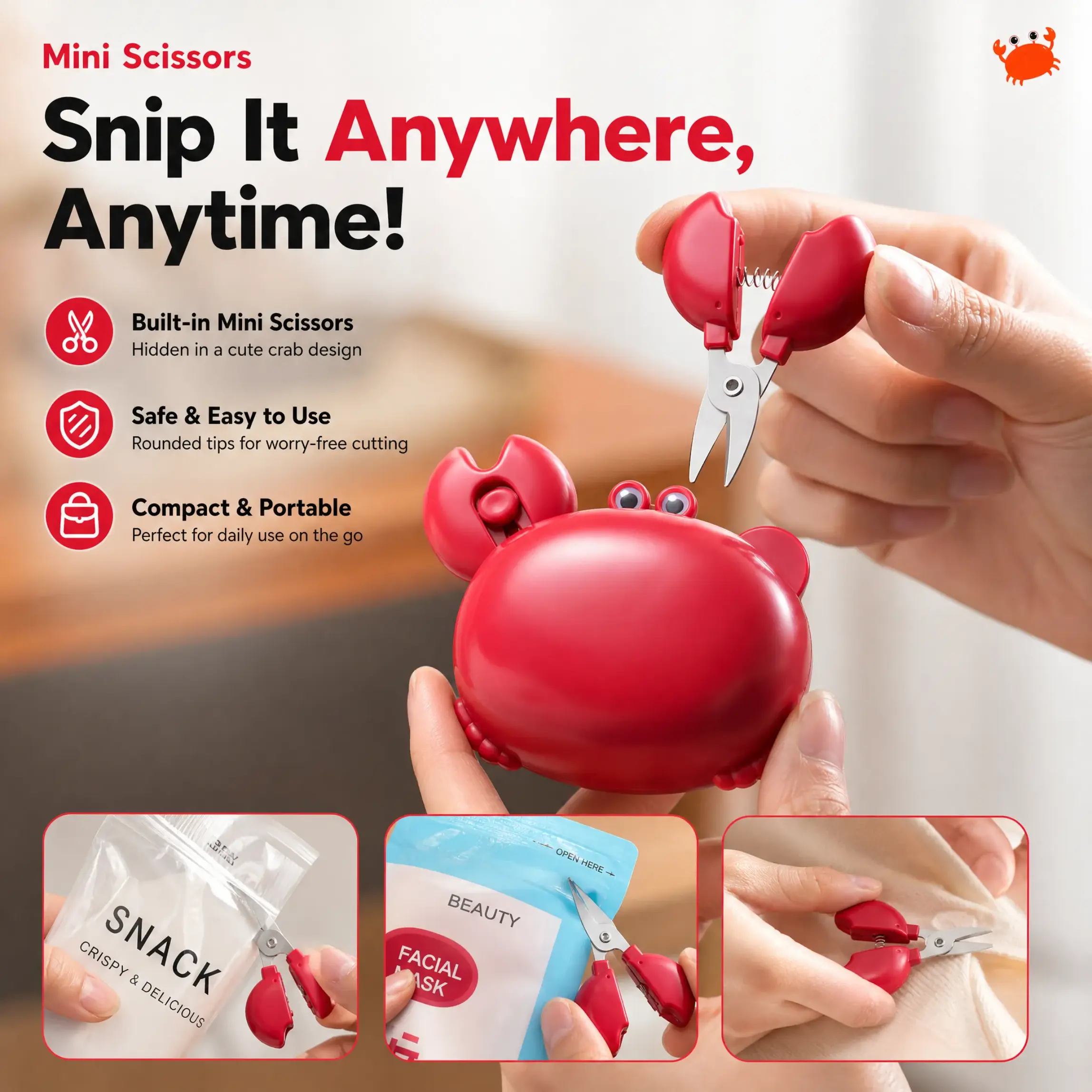 Cute Crab Magnetic Bottle Opener, 3 in 1 Multifunctional Fridge Magnet Beer Opener with Mini Scissors & Package Cutter for Kitchen