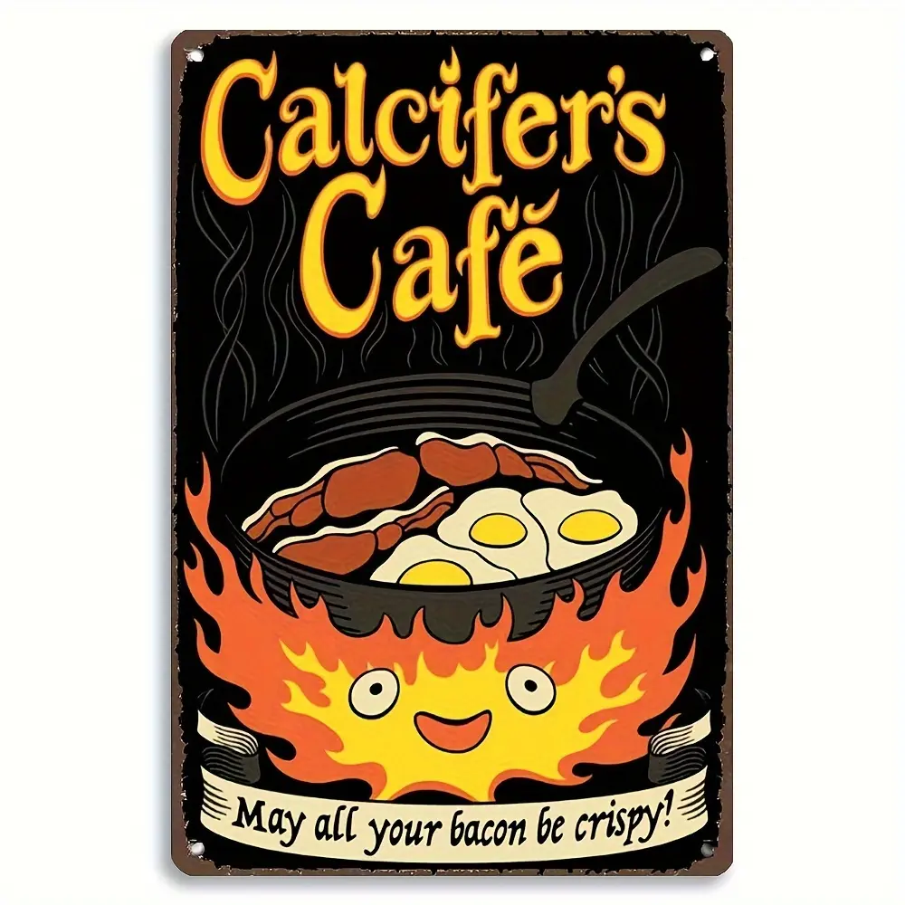 Classic Calcifer's Cafe Logo Vintage Metal Tin Sign - 8*12 In High-Quality Iron Painted Plaque, Hangable with Pre-Drilled Holes, Cafe Decor for Living Room, Garages, Home Decor Plaques & Signs