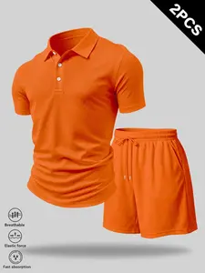Men's Summer Two-Piece Set Polo Shirt + Sports Drawstring Shorts, Quick-Dry Mesh Fabric, Breathable, Elastic, Comfortable, Ideal for Fitness and Casual Wear