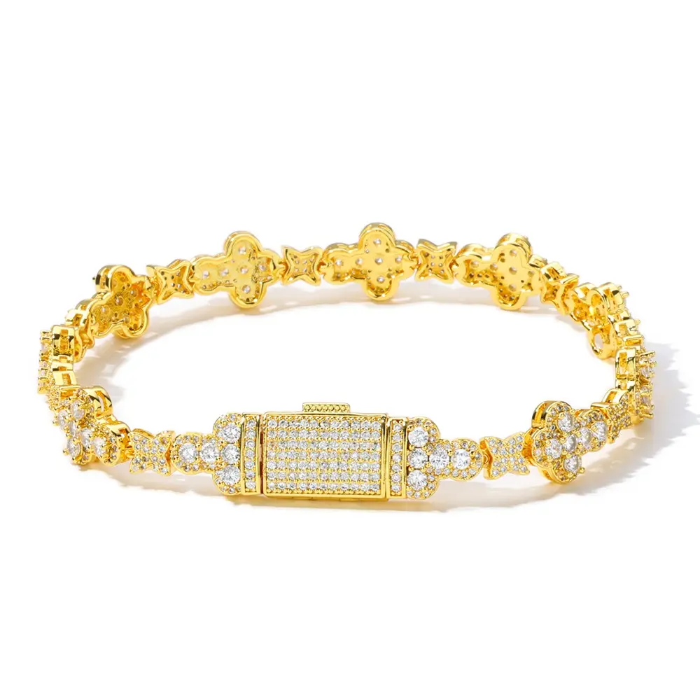 [LUMI71] D Color VVS Iced-Out 10mm Flower Design Zirconia Bracelet - High Quality Artificial Gemstone Hiphop Bracelets Jewelry, Unisex Adults' Daily Wear Accessory, Flower Design Bracelet Fashionable Bracelet Style High Quality Bracelet
